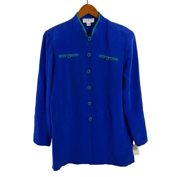 Shomi 100% Silk Blue Button Up Vintage Blouse Teal Green Trim NWT $198 Retro - Picture 1 of 9